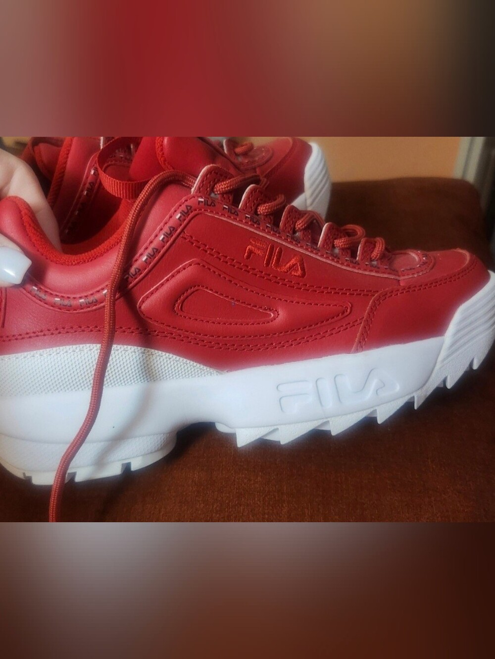 Fila Red and White Disruptor Style Chunky Sneaker